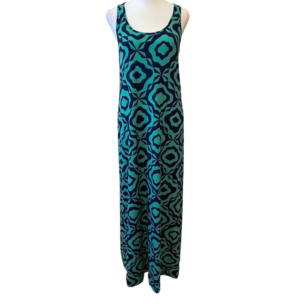 Tori‎ Richard Maxi Dress M Teal & Blue Geometric Racerback Travel Resort Hawaii